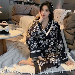 Ice and snow silk Pyjamas female doll neckline cardigan long sleeved long pants niche personality camellia flowers high-end simulation silk home clothing