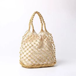Gold silver 2 color bright paper ropes hollow woven handbag cotton lining straw bag female Reticulate handbag netted beach bag 240306