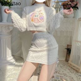 Dresses Women Knitted Lolita Sets Oneck Long Sleeve Casual Crop Tops Kawaii Bunny Embroidery Sweaters Mini Knitted Twist Skirts Suits