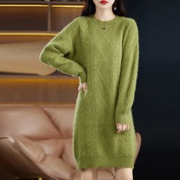 Pullovers Autumn and Winter New Mink Cashmere Knit Sweater Dress Round Neck Pullover Medium Long Solid Colour Base Shirt Coat Skirt Woman