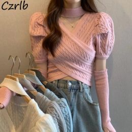 Pullovers Short Sleeve Pullovers Women with Cuff Crisscross Elegant Solid Slim Sexy Cute 5 Colours Autumn Pull Femme Harajuku Y2k Clothes