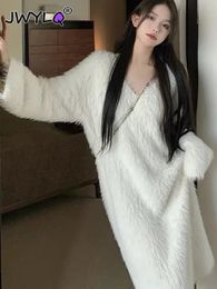 Autumn Winter Vneck Imitation Mink Velvet Long Pullover Sweater Solid Colour Simple Sweaters Korean Fashion Womens Clothing 240304