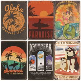 Metal Painting 2024 New Summer Beach Tin Painting American Bar Background Wall Home Decoration Mural T240306