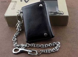 Money Clips Mens Boys Trifold Leather Biker Trucker Wallet With A Long Metal Ring Key Chain L240306