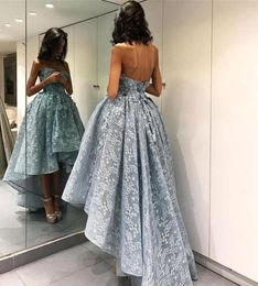 2019 Hi Lo Full Lace Ball Gown Ice Blue Prom Dresses Sweetheart Backless Zuhair Murad Plus Size Cocktail Formal Evening Wear Cheap8471918