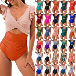 24 Year New Amazon Swimsuit Hot Selling One Piece Cross Fleeting Swimsuit Women's Ruffle Edge Foreign Trade Swimsuit Bikini