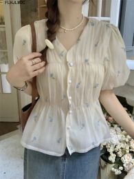 Shirt Cute Chic Peplum Tops Women Summer Korea Japan Style Design Slim Waist V Neck Short Flower Shirts Blouses Vintage