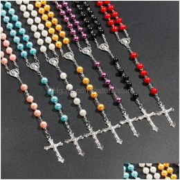Pendant Necklaces 7 Colours Relius Catholic Rosary Necklaces Jesus Cross Pendant Long 8Mm Bead Chains For Women Men Christian Jewellery G Dhdct