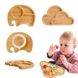 Wooden Baby Feeding Bowl Cartoon Elephant Clouds Bamboo Kids Feeding Dinnerware With Silicone Suction Cup Anti- Tableware 240306