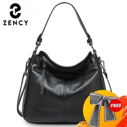 Zency 100 Genuine Leather Elegant Women Shoulder Bag Classic Black Hobos Roomy Casual Tote Handbag Crossbody Messenger Brown 240305