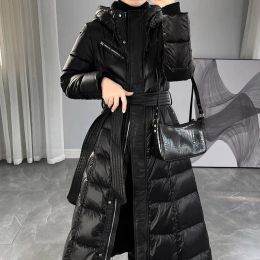 Coats Ladies winter long down jacket high grade zipper belt black navy blue down coat