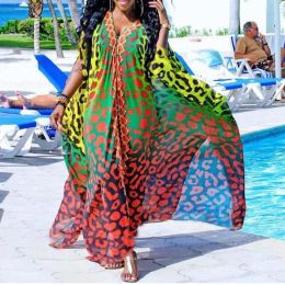 Swimwear New Over Size Beach Cover Up Chiffon Beach Maxi Dress Kaftan Sarong Beach Tunic 2023 Leopard Print Robe Plage Swimsuit Cover Up