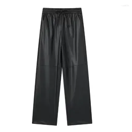 Women's Pants 2024 Autumn Elastic Waist Drawstring Straps Black Imitation Leather Jogging PU Casual