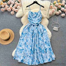 Basic Casual Dresses YuooMuoo Romantic Floral Print Long Dress Vintage Rose Print High Waist Spaghetti Strap Summer Dress Lady Beach Sundress