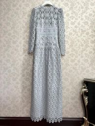 Party Dresses 2024 Summer Floral Hollow Out Sexy Women Long Lace Dress Embroidery Flower Full Sleeve Female Evening Grey