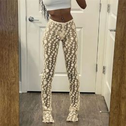 Capris Polka Dots Fishnet Sheer Mesh Pants Women Sexy See Through High Waist Leggings Trousers