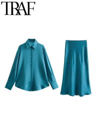 Suits TRAF 2024 Spring Summer Woman Fashion Silk Satin High Waisted Texture Shirt Sets Casual Slim Skirt Suits