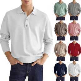 Mens Long Sleeve POLO Shirt Solid Colour Lapel Button Office Business Casual Pullover Fashion Sports T-shirt S-3XL 240313