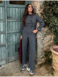 Rüschen Plaid Overall Frauen Mode Kausalen Oansatz Langen Ärmeln Tasten Overalls Weibliche Chic Hohe Taille Streetwear 2024 Neue