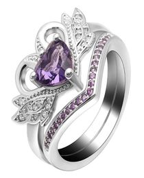 Wedding Rings 2pcslot Silver Double Set Engagement Woman Purple Color Cz Crystal Ring For Women Ladies Lover Party Jewelry8187044