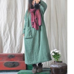 Dress Johnature Women Autumn Dresses Solid Colour VNeck Long Sleeve 2023 New Loose Warm Robes Female Cotton Vintage Pockets Dress