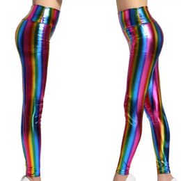 Leggings women high street rainbow striped leggings push up high waist neon fake leather skinny leggings lady dancing rock disco pant