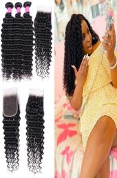 Whole Deep Wave Hair 3 Bundles With Closure 44 Unprocessed Natural 1B Color Remy Human Bundles Hair Extensions77360991005136