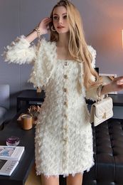 Dabuwawa Spring Autumn Female Vintage Women French Trend Two Piece Dress Feather Yarn Lace Suit Skirt DM1ASE016 240226