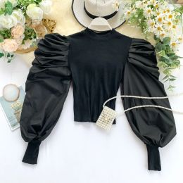 Shirt Autumn Fold Long Puff Sleeve Ins Tight Short Crop Tops Women Solid Colour Round Neck Casual Shirts Blusas Femininas Elegante J650