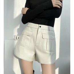 Shorts Genuine leather shorts women high waist 2024 Spring Summer new Korean fashion ladies Wide Leg Biker Shorts femme casual style