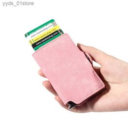 Money Clips Casekey Male Wallet Fashion Denim Leather Pop Up Card Holder Anti-theft Aluminium Metal Smart Wallet Mini wallet Money Bag for Men L240306