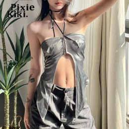 Camis PixieKiki Y2k Girl Silver Metallic Asymmetric Top Streetwear Sexy Backless Halter Tops for Women 2023 Summer Camisole P94AH10
