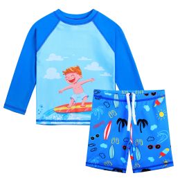 Swimwear Baohulu Cartoon Print Kids Swimsuit Two Pieces Long Sleeve Bathing Suit Children Summer Water Sport Surfing Suit Boys Beachwear