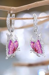 Dangle Earrings Romantic Enamel Series 925 Sterling Silver Pink Butterfly Design Gold Plated Women's