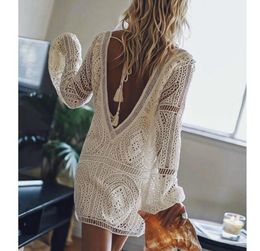 AYUALIN sexy backless beach swim coverup summer dresses white lace dress women tunic robe vintage Vneck boho vestidos plus size 29815841