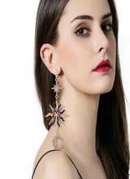 Whole fashion luxury designer exaggerated colorful diamond rhinestone moon star sun asymmetry long clip on earrings for women2075378