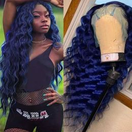 Hair Wigs Blue Wave Synthetic Lace Front Wigs Long Deep Wavy Natural Look Glueless Fibre Wig Women Cosplay Use Black Pink Hair 240306