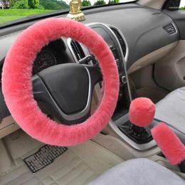 Steering Wheel Covers 3Pcs Soft Plush Spring Cover Kit Stop Lever Hand Brake Wool Winter Warm Car Assessoires Interior For Women