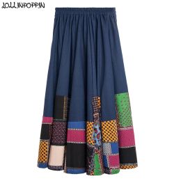 skirt Wide Bottom Women Cotton & Linen Long Skirt Printed Patch Pattern Elastic Waist Ladies Navy Blue Ethnic Skirts