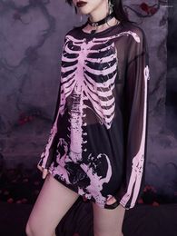 Women's T Shirts Women S Halloween Long Mesh Tops Sleeve Crewneck Skull Print Gothic T-shirt