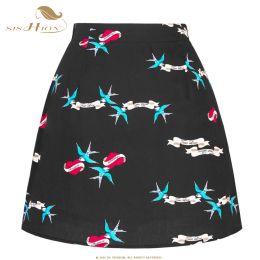 skirt SISHION Y2K Gothic Summer 50s 60s Birds and Hearts Printed Cotton Vintage Mini Skirt SS0008 High Waist Black Skirts for Women