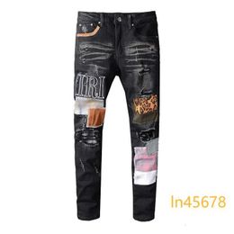 Mens Jeans Ripped Stretch Denim Pants High Street Fashion Black Patch Embroidery Elastic Slim Fit Skinny Jeans 2024