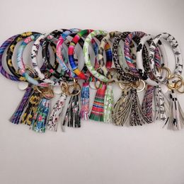 EUB 10pcs mixed Colours PU Leather O Key Chain Custom Circle Tassel Wristlet Bracelet Keychain Women Girl Key Ring Wrist Strap260J