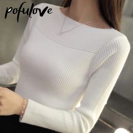 Sweaters Sweater Women Long Sleeve Slim Black Pullover Knitwear Casual Slash Neck Solid Colour Jumper Korean Fashion Autumn Winter