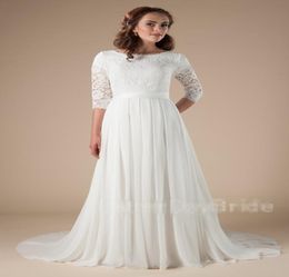 New Lace Chiffon Long Modest Wedding Dresses With Lace Sleeves Informal Reception lDS Bridal Gowns Custom Made Boho Bridal Gowns7528452