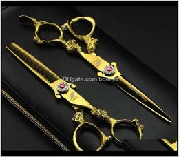 6Dot0 2Pcs Sharp Dragon Handle Gold Barber Hair Scissors Set Salon Cutting Thinning Shears Hairdressing Flat Teeth Blade Sq6216P286186466