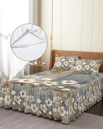 Bed Skirt Retro Plant White Flower Abstract Elastic Fitted Bedspread With Pillowcases Mattress Cover Bedding Set Sheet