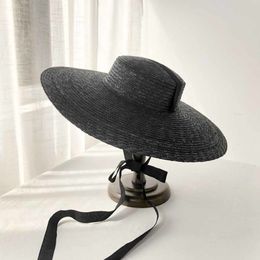 Large Brim Wheat Straw Hat Summer Hats For Women 10cm 15cm 18cm Brim With Black&White Ribbon Beach Cap Boater Flat Top Sun Hat Y20285s