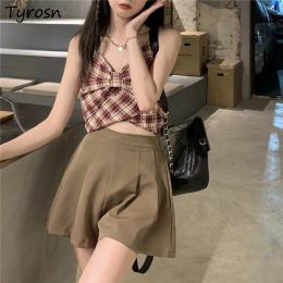 Sets Sets Women Sweet Plaid Camis Design Bow Sleeveless Crop Tops Pleated Shorts Trendy Sexy Ulzzang Chic Two Pieces for Summer Mujer