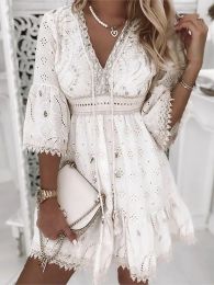 Dress Elegant Women White Hollow Lace Mini Dress Summer Vneck Patchwork Lace Up Three Quarter Sleeve Ladies Vacation Beach Dresses